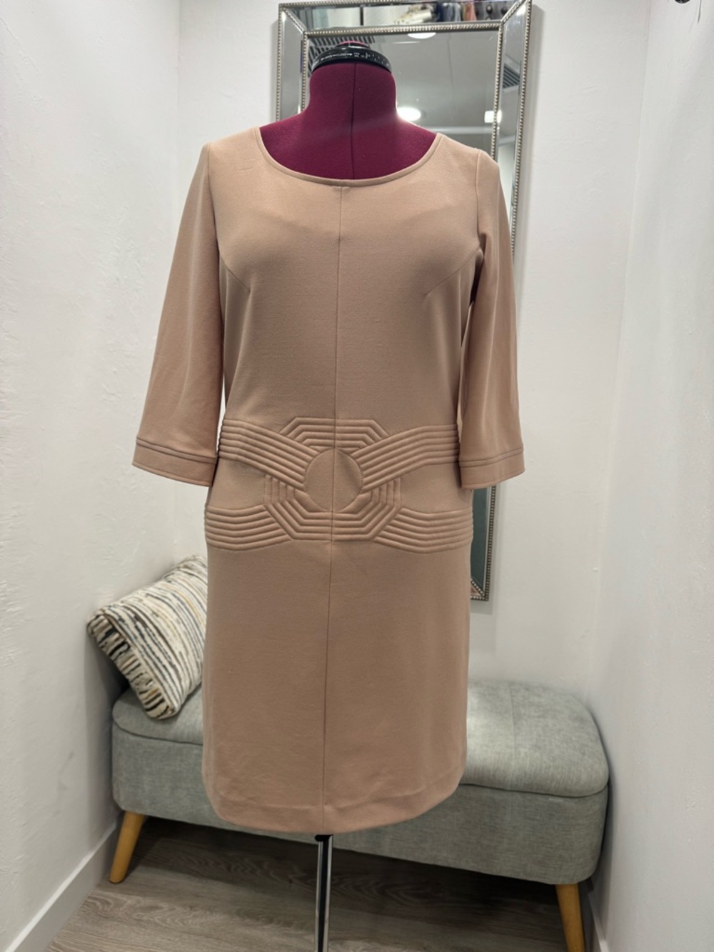 Classic Taupe Midi Dress with Sculpted Waist Detail